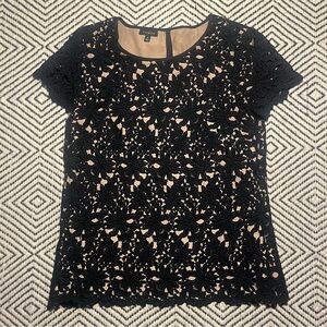 TALBOTS Cotton Lace Overlay Top Sz 6 Black Lined Side Zip S/S Office Shirt